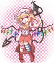 Rule 34 | 1girl, adapted costume, ascot, bad id, bad pixiv id, blonde hair, bow, checkered background, fang, flandre scarlet, hat, hat bow, laevatein, leg ribbon, looking at viewer, mob cap, open mouth, pointy ears, ribbon, satorichan, shirt, short sleeves, side ponytail, skirt, solo, touhou, vest, wings