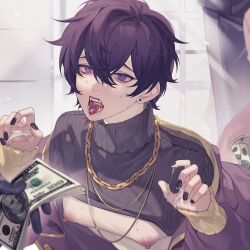 Rule 34 | 1boy, banknote, black nails, black sweater, chain, chain necklace, clothes lift, commentary, cum, cum in mouth, cum on hands, earrings, english commentary, esse shoto ovo, gold chain, gold necklace, hair between eyes, half-closed eyes, highres, holding, holding money, indie virtual youtuber, jacket, jewelry, leaning forward, looking at another, male focus, money, necklace, off shoulder, open clothes, open jacket, open mouth, prostitution, puffy nipples, purple hair, purple jacket, short hair, shoto (vtuber), solo focus, sweat, sweater, sweater lift, teeth, tongue, tongue out, upper body, virtual youtuber, window, yaoi
