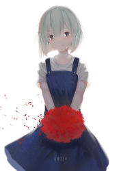 Rule 34 | 1girl, ano54, artist name, black eyes, blue dress, blush, bouquet, closed mouth, cowboy shot, dress, earrings, flower, highres, holding, holding bouquet, jewelry, original, petals, pinafore dress, shirt, short hair, short sleeves, silver hair, simple background, single earring, sleeveless dress, smile, solo, tareme, white background, white shirt
