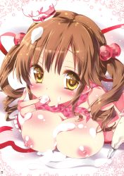 Rule 34 | 10s, 1girl, absurdres, blush, breast rest, breasts, brown hair, cream, food, food on body, food on head, hair bobbles, hair ornament, hat, highres, idolmaster, idolmaster cinderella girls, kamiya maneki, large breasts, licking, looking at viewer, nipples, object on head, open mouth, solo, stitchme, tongue, totoki airi, twintails, whipped cream, yellow eyes