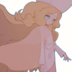 Rule 34 | 1girl, blonde hair, blue eyes, caitlin (pokemon), cape, creatures (company), dress, from side, game freak, hat, highres, long hair, long sleeves, nintendo, noi (noi pk27), parted bangs, parted lips, pink dress, pink hat, pokemon, pokemon bw, see-through cape, solo, very long hair, white background