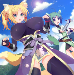 Rule 34 | 10s, 2girls, animal ears, blonde hair, breasts, dog days, dog ears, dog tail, eclair martinozzi, covered erect nipples, flat chest, fox ears, fox tail, green eyes, green hair, huge breasts, kyoku tou, multiple girls, nipples, panties, sword, tail, thighhighs, underwear, weapon, yukikaze panettone