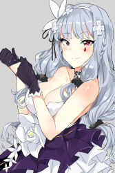 Rule 34 | 1girl, absurdres, bare shoulders, black gloves, black ribbon, blush, braid, breasts, cleavage, closed mouth, collarbone, cosplay, dress, facial mark, from side, girls&#039; frontline, gloves, grey background, hair ribbon, hairband, hands up, highres, hk416 (girls&#039; frontline), hk416 (girls&#039; frontline) (cosplay), hk416 (starry cocoon) (girls&#039; frontline), idolmaster, idolmaster (classic), idolmaster cinderella girls, large breasts, long hair, looking at viewer, official alternate costume, purple dress, purple eyes, ribbon, shijou takane, side braid, simple background, smile, solo, teardrop, tsurime, tuxedo de cat, upper body, wavy hair