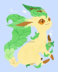 Rule 34 | animal focus, blue background, brown eyes, brown sclera, colored sclera, creatures (company), dated, game freak, gen 4 pokemon, leaf, leafeon, looking up, nintendo, no humans, pokemon, pokemon (creature), signature, simple background, smile, solo, virize