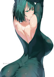 Rule 34 | 1girl, absurdres, arms up, artist name, ass, back, bare shoulders, blush, breasts, commentary, curvy, dress, english commentary, from behind, fubuki (one-punch man), green dress, green eyes, green hair, highres, large breasts, light smile, long sleeves, looking back, lucifsys, medium hair, one-punch man, simple background, solo, sweat, taut clothes, taut dress, toned, toned female, white background