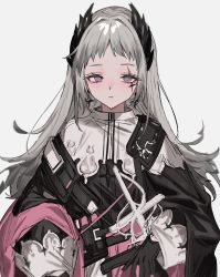 Rule 34 | 1girl, aogisa, arknights, belt, black gloves, black jacket, blush, closed mouth, cowboy shot, earrings, expressionless, gloves, grey eyes, grey hair, head wings, highres, irene (arknights), jacket, jewelry, long sleeves, looking at viewer, scar, scar across eye, scar on face, sheath, sheathed, simple background, solo, sword, weapon, white background, wings