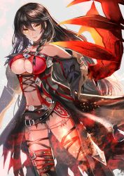 Rule 34 | 1girl, ahoge, bandaged arm, bandages, black choker, black hair, black shorts, breasts, choker, claws, cleavage cutout, clothing cutout, cross-laced clothes, cross-laced cutout, highres, long hair, looking at viewer, medium breasts, onekoneko, shorts, simple background, solo, tales of (series), tales of berseria, torn clothes, torn legwear, torn shorts, underboob, velvet crowe, very long hair, yellow eyes