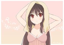 Rule 34 | 1girl, alternate costume, arms up, blush, border, breasts, brown eyes, brown hair, camisole, character name, cleavage, closed mouth, collarbone, commentary, expressionless, eyes visible through hair, hair between eyes, hair down, little busters!, long hair, looking at viewer, natsume rin, paw print, pink background, pink camisole, piyo (kinkooo333), sidelocks, signature, simple background, small breasts, solo, straight hair, towel, towel on head, upper body, very long hair, white border