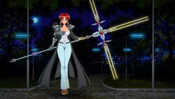 Rule 34 | 1girl, akiranime, animated, animated gif, blouse, blue eyes, denim, energy sword, full body, jacket, jeans, leaves, lightsaber, looking at viewer, moon, night, original, outdoors, pants, park, prosthesis, prosthetic arm, red hair, shirt, sword, tree, weapon