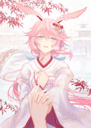 Rule 34 | 1girl, animal ears, blue eyes, blush, crying, crying with eyes open, fox ears, hair between eyes, hair ornament, hand on own chest, happy tears, highres, holding hands, honkai (series), honkai impact 3rd, japanese clothes, kimono, long hair, looking at viewer, open mouth, pink hair, pink kimono, pov, pov hands, rabbit ears, smile, snow, solo focus, tears, tree, wide sleeves, winter, xing muhen, yae sakura, yukata