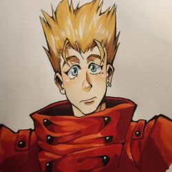 Rule 34 | 1boy, blonde hair, closed mouth, coat, earrings, eyelashes, green eyes, jewelry, looking at viewer, male focus, mole, mole under eye, no eyewear, red coat, short hair, solo, spiked hair, traditional media, trigun, upper body, vash the stampede, white background, x (idonotexist)
