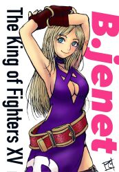 Rule 34 | 1girl, armpits, arms behind head, belt, blonde hair, blue eyes, blush, breasts, cleavage, dress, english text, fatal fury, fingerless gloves, garou: mark of the wolves, gloves, highres, jenet behrn, large breasts, legs, long hair, looking at viewer, sleeveless, smile, solo, the king of fighters, the king of fighters xv, thighs