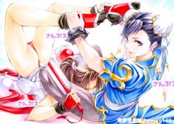 Rule 34 | 2girls, arched back, artist name, ass, black hair, brown hair, bun cover, capcom, china dress, chinese clothes, chun-li, closed eyes, crossover, double bun, dress, fatal fury, female focus, hair bun, hand fan, holding, holding fan, long hair, looking at viewer, lying, multiple girls, ninja, pantyhose, pelvic curtain, ponytail, restrained, shiranui mai, sitting, smile, street fighter, the king of fighters, thong, watermark, wince, yqgkg