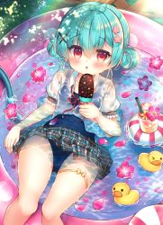 Rule 34 | 1girl, aqua hair, black skirt, blue one-piece swimsuit, blush, chestnut mouth, collarbone, collared shirt, commentary request, cup, disposable cup, double bun, dress shirt, drinking straw, feet out of frame, flower, flower on liquid, food, hair between eyes, hair bun, hair flower, hair ornament, hairclip, highres, holding, holding food, hose, ice cream, innertube, looking at viewer, lying, neck ribbon, on back, one-piece swimsuit, open clothes, open shirt, original, parted lips, petals, petals on liquid, pink flower, plaid, plaid skirt, pleated skirt, puffy short sleeves, puffy sleeves, red eyes, red flower, red ribbon, ribbon, rubber duck, school swimsuit, school uniform, shirt, short sleeves, skirt, solo, sprinkles, suzunone rena, swim ring, swimsuit, swimsuit under clothes, wading pool, water, white shirt, x hair ornament