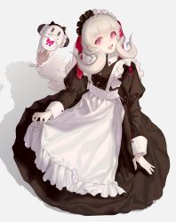 Rule 34 | 1girl, :d, absurdres, alternate costume, apron, awakeningdog, black dress, blonde hair, buttons, collared dress, commentary, dress, enmaided, fangs, frills, from above, full body, ghost, highres, long hair, long sleeves, looking at viewer, looking up, low twintails, maid, maid apron, maid headdress, nijisanji, nijisanji en, open mouth, pink eyes, poppi (reimu endou), puffy long sleeves, puffy sleeves, reimu endou, shadow, simple background, skirt hold, smile, solo, symbol-only commentary, twintails, two-tone headwear, very long hair, virtual youtuber, waist apron, white apron, white background