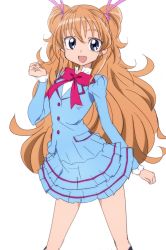Rule 34 | 10s, 1girl, :d, blue eyes, blue skirt, hair ribbon, houjou hibiki, long hair, looking at viewer, oimanji, open mouth, orange hair, precure, ribbon, school uniform, simple background, skirt, smile, solo, suite precure, two side up, white background