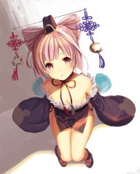 Rule 34 | 1girl, 4th, atelier (series), atelier sophie, bad id, bad pixiv id, bare shoulders, beads, blunt bangs, breasts, choker, cleavage, clog sandals, cone hair bun, corneria (atelier), crescent, downblouse, feathers, female focus, frills, from above, full body, hair bun, hair rings, hat, japanese clothes, kimono, looking at viewer, mini hat, obi, off shoulder, original, parted lips, pelvic curtain, pink eyes, pink hair, platform footwear, sandals, sash, short hair, short kimono, sleeves past wrists, small breasts, solo, tassel, wide sleeves