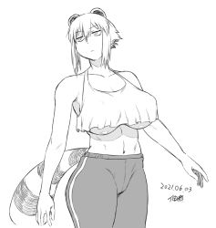 Rule 34 | 1girl, animal ears, araiguma-san, artist name, breasts, closed mouth, constricted pupils, cowboy shot, crop top, dated, expressionless, greyscale, hair between eyes, huge breasts, large breasts, looking to the side, monochrome, navel, original, pants, raccoon ears, raccoon tail, short hair, sidelocks, sketch, solo, stomach, tail, tank top, toned, track pants, tsukudani (coke-buta), underboob