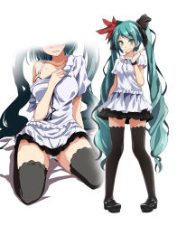 Rule 34 | 1girl, aqua eyes, aqua hair, arm at side, black footwear, black ribbon, black skirt, black thighhighs, blush, bra, bra peek, bracelet, breasts, closed mouth, collarbone, feather hair ornament, feathers, frilled shirt, frills, frown, full body, hair ornament, hair ribbon, hand on own chest, hatsune miku, highres, index finger raised, jewelry, kneeling, long hair, medium breasts, miniskirt, multiple views, off shoulder, panties, pantyshot, parted lips, pigeon-toed, pleated skirt, project diva (series), ribbon, shirt, shoes, short sleeves, simple background, skirt, smile, standing, supreme (module), sweat, thighhighs, tsukishiro saika, twintails, underwear, upskirt, very long hair, vocaloid, white background, white bra, white panties, white shirt, world is mine (vocaloid), zettai ryouiki