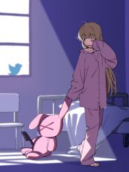 Rule 34 | 1girl, alternate costume, barefoot, bed, blonde hair, blurry, blurry background, blush stickers, chair, collarbone, commentary, dragging, full body, hair down, highres, holding, holding stuffed toy, hospital bed, indoors, long hair, looking back, natori sana, one eye closed, open mouth, overexposure, pajamas, pink pajamas, qumata, rubbing eyes, sana channel, sleeves past fingers, sleeves past wrists, solo, stuffed toy, sunlight, twitter, twitter bird, virtual youtuber, waking up, window, window shadow
