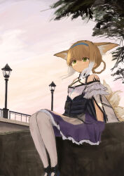 Rule 34 | 1girl, absurdres, animal ear fluff, animal ears, arknights, bare shoulders, blonde hair, braided hair rings, closed mouth, clothing cutout, colored tips, commentary, dress, eufi (eufyhouse), feet out of frame, fox ears, fox girl, fox tail, frilled sleeves, frills, green eyes, hair rings, highres, kitsune, kyuubi, material growth, medium dress, multicolored hair, multiple tails, oripathy lesion (arknights), outdoors, pantyhose, purple dress, short sleeves, shoulder cutout, sitting, solo, suzuran (arknights), tail, two-tone hair, white hair, white pantyhose
