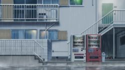 Rule 34 | air conditioner, balcony, building, commentary request, door, drink, fence, flower pot, isbeyvan, no humans, original, outdoors, rain, scenery, stairs, trash can, vending machine, window