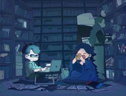 Rule 34 | 4boys, black hair, blue robe, book, bookshelf, computer, diting (the legend of luoxiaohei), drawstring, earrings, glowing, holding, hood, hood down, hoodie, horns, indoors, jewelry, kali (the legend of luoxiaohei), laojun (the legend of luoxiaohei), laptop, long sleeves, male focus, multiple boys, nintendo switch, open book, open mouth, oversized clothes, pointy ears, robe, short hair, single horn, sunglasses, tanaka (tanakya123), luo xiaohei zhanji, tubei (the legend of luoxiaohei), undercut
