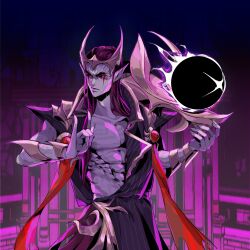 Rule 34 | 1boy, abs, absurdres, alternate costume, aphelios, ball, black background, black sclera, collarbone, colored sclera, colored skin, cowboy shot, fingernails, hands up, highres, jjolee, league of legends, long hair, magic, male focus, nightbringer aphelios, pink background, pink eyes, pointy ears, purple hair, sharp fingernails, solo