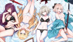 Rule 34 | 4girls, :d, armpits, bare legs, barefoot, black bra, black panties, blonde hair, blue eyes, bow, boyshort panties, bra, breasts, cleavage, criss-cross halter, fate/grand order, fate (series), from above, frown, gluteal fold, grey eyes, grey hair, hair between eyes, hair bow, hair over breasts, halterneck, haori, highres, japanese clothes, jeanne d&#039;arc (fate), jeanne d&#039;arc (ruler) (fate), jeanne d&#039;arc alter (avenger) (fate), jeanne d&#039;arc alter (fate), katana, koha-ace, large breasts, long hair, looking at viewer, lying, medium breasts, multi-strapped panties, multiple girls, navel, okita souji (fate), okita souji (koha-ace), on back, open mouth, outstretched arms, outstretched hand, panties, parted lips, petals, pink hair, polearm, purple eyes, purple hair, sarashi, scathach (fate), shinsengumi, shirako miso, short hair, short ponytail, small breasts, smile, spear, sword, underwear, underwear only, upside-down, very long hair, weapon, white bra, white panties, yellow eyes