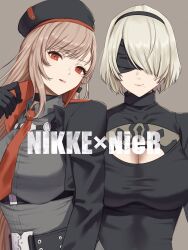 Rule 34 | 2b (nier:automata), 2girls, belt, beret, black belt, black blindfold, black dress, black gloves, black hairband, black headwear, black jacket, blindfold, breasts, brown hair, cleavage, clothing cutout, copyright name, crossover, dress, gloves, goddess of victory: nikke, grey background, hairband, hat, highres, jacket, large breasts, leotard, long hair, long sleeves, looking at viewer, mole, mole under mouth, multiple girls, necktie, nier:automata, nier (series), non-humanoid robot, puffy sleeves, rapi (nikke), red eyes, red necktie, robot, science fiction, short hair, white hair, yamamori kinako