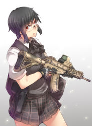 Rule 34 | ayyh, bag, cardigan, contrapposto, glasses, gradient background, gun, handgun, highres, holding, holding gun, holding weapon, holster, looking at viewer, miniskirt, original, pleated skirt, rifle, short hair, skirt, solo, standing, trigger discipline, weapon, weapon request
