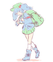 Rule 34 | 1girl, backpack, bag, blue eyes, blue hair, boots, hair bobbles, hair ornament, hat, highres, kawashiro nitori, matching hair/eyes, rubber boots, sketch, skirt, solo, touhou, two side up, walking, white background, yoruny