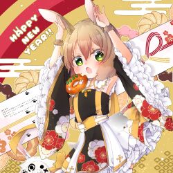 Rule 34 | 1girl, 2023, animal ears, arch bishop (ragnarok online), armpits, asuta (kinakomoti300), black dress, black sleeves, blush, bow, bright pupils, brown hair, chinese zodiac, commentary request, cowboy shot, cross, detached sleeves, doughnut, dress, dress bow, fang, flat chest, floral print, food, frilled dress, frilled sleeves, frills, goblin mask, green eyes, hair between eyes, happy new year, highres, looking at viewer, lunatic (ragnarok online), medium hair, new year, official alternate costume, open mouth, pon de ring, rabbit, rabbit ears, rabbit pose, ragnarok online, sash, skin fang, solo focus, white pupils, white sash, wrist cuffs, year of the rabbit, yellow bow
