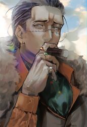 Rule 34 | 1boy, absurdres, black hair, cigar, cloud, cloudy sky, coat, crocodile (one piece), earrings, fur coat, gajt8555, gem, green gemstone, hair slicked back, hand up, highres, holding, holding cigar, jewelry, long hair, male focus, mature male, multiple rings, one piece, orange shirt, red gemstone, ring, scar, scar on face, shirt, single earring, sky, smoking, stitches, white gemstone, yellow eyes