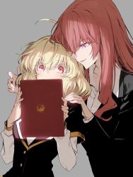 Rule 34 | 10s, 2girls, age difference, ahoge, akuma no riddle, blonde hair, blush, brown hair, business suit, embarrassed, formal, grey background, grin, hand on another&#039;s shoulder, hashiri nio, long hair, long sleeves, looking at another, minakata sunao, multiple girls, official art, open mouth, pink eyes, red eyes, school uniform, smile, suit, tablet pc, yuri, yuri meichi