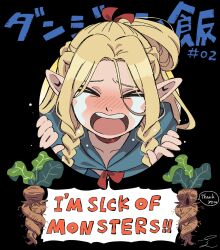 Rule 34 | &gt;o&lt;, 1girl, black background, blonde hair, braid, braided ponytail, choker, dungeon meshi, elf, english text, highres, mandrake, marcille donato, piko han, pointy ears, red choker, red ribbon, ribbon, speech bubble, t t, twin braids