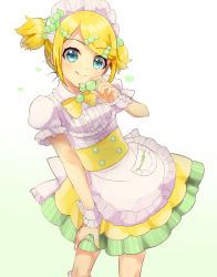 Rule 34 | 1girl, apron, aqua eyes, blonde hair, breasts, bubble skirt, candy, candy wrapper, dress, food, frilled cuffs, frilled dress, frills, hair ornament, hairclip, hand on own leg, heart, juliet sleeves, kagamine rin, kikuchi mataha, long sleeves, looking at viewer, maid, maid headdress, nail polish, puffy short sleeves, puffy sleeves, short sleeves, short twintails, skirt, small breasts, tongue, twintails, two-tone skirt, vocaloid, wrist cuffs, yellow nails