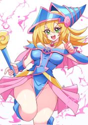 Rule 34 | 1girl, bare shoulders, blonde hair, blue footwear, blue hat, blush, blush stickers, boots, breasts, choker, cleavage, dark magician girl, duel monster, green eyes, hair between eyes, hat, highres, holding, holding wand, jewelry, large breasts, long hair, looking at viewer, momotarouooi, necklace, open mouth, pentacle, smile, solo, staff, wand, wizard hat, yu-gi-oh!, yu-gi-oh! duel monsters