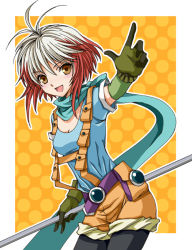 Rule 34 | 1girl, antenna hair, blush, bob cut, brown eyes, gloves, multicolored hair, pascal (tales), pascal (tales), pointing, red hair, short hair, shorts, smile, solo, staff, suspenders, tales of (series), tales of graces, tomo 3, two-tone hair, white hair