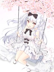 Rule 34 | 1girl, :d, animal ears, azur lane, bare shoulders, black bow, boots, bow, branch, breasts, brown eyes, cat ears, center frills, cherry blossoms, commentary request, dress, fang, flower, frills, hair between eyes, hair bow, highres, holding, knee boots, long hair, long sleeves, looking at viewer, medium breasts, minoshi, off-shoulder dress, off shoulder, open mouth, pink flower, silver hair, simple background, sitting, smile, solo, swing, two side up, very long hair, white background, white bow, white dress, white footwear, white theme, wide sleeves, yukikaze (azur lane), yukikaze (sovereign of the swing) (azur lane)