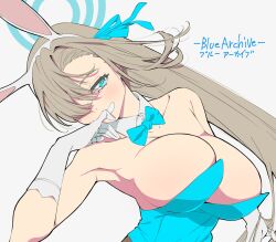 Rule 34 | 1girl, animal ears, asuna (blue archive), asuna (bunny) (blue archive), bare shoulders, blue archive, blue bow, blue bowtie, blue eyes, blue halo, blue leotard, blue ribbon, bow, bowtie, breasts, bright pupils, brown hair, cleavage, collarbone, copyright name, detached collar, fake animal ears, gloves, grey background, hair over one eye, hair ribbon, halo, hashtag-only commentary, highres, large breasts, leotard, long hair, looking at viewer, official alternate costume, rabbit ears, ribbon, saitou kengo, simple background, smile, solo, upper body, white gloves, white pupils