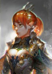 Rule 34 | 1girl, aqua eyes, armor, breasts, cape, cleavage, earrings, elf, hair ribbon, jewelry, lips, long hair, pointy ears, ponytail, qmo (chalsoma), red hair, ribbon, solo