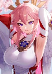 Rule 34 | 1girl, armpits, arms up, breasts, commentary, detached sleeves, floral print, genshin impact, hair between eyes, hair ornament, highres, ichibi, japanese clothes, large breasts, long hair, long sleeves, looking at viewer, miko, parted lips, pink hair, print sleeves, purple eyes, sidelocks, solo, upper body, yae miko