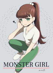 Rule 34 | 1girl, amanda (invincible), blunt bangs, brown hair, character name, commentary request, dobato, green eyes, green pants, grey background, hand up, invincible (series), long hair, looking at viewer, monster girl (invincible), pants, ponytail, shadow, shirt, shoes, short sleeves, smile, solo, white footwear, white shirt