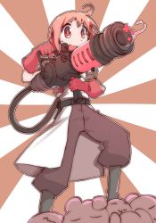 Rule 34 | 1girl, absurdres, ahoge, black footwear, blush, boots, cosplay, crossover, full body, gloves, highres, long sleeves, looking away, majormilk, medic (tf2), nonohara yuzuko, pink eyes, pink hair, red gloves, red medic (tf2), rubber gloves, short hair, smile, solo, team fortress 2, the medic (cosplay), the quick-fix, yuyushiki