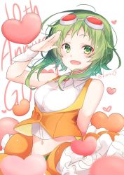Rule 34 | 1girl, ahoge, amulet, anniversary, arm behind back, bare shoulders, blush, character name, collared shirt, commentary, cowboy shot, crop top, frilled skirt, frills, goggles, goggles on head, green eyes, green hair, gumi, hand up, heart, jacket, kuroi (liar-player), light blush, looking at viewer, midriff, navel, open mouth, orange jacket, orange skirt, red-tinted eyewear, salute, shirt, short hair, short hair with long locks, sidelocks, skirt, smile, solo, tinted eyewear, twitter username, vocaloid, white background, white shirt