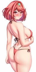 Rule 34 | 1girl, alternate costume, anisdrawn, artist name, ass, bikini, blush, breasts, closed mouth, highres, large breasts, looking at viewer, looking back, multi-strapped bikini bottom, pyra (xenoblade), red bikini, red hair, short hair, side-tie bikini bottom, sideboob, solo, swept bangs, swimsuit, tiara, white background, xenoblade chronicles (series), xenoblade chronicles 2