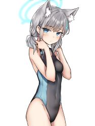 Rule 34 | 1girl, animal ear fluff, animal ears, bare arms, bare shoulders, black one-piece swimsuit, blue archive, blue eyes, breasts, closed mouth, competition swimsuit, covered navel, cowboy shot, extra ears, fox ears, grey hair, halo, hands up, highleg, highleg swimsuit, highres, long hair, looking at viewer, one-piece swimsuit, ryuinu, shiroko (blue archive), shiroko (swimsuit) (blue archive), simple background, small breasts, solo, standing, swimsuit, thighs, white background