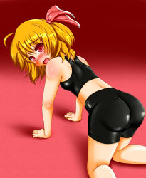 Rule 34 | 1girl, absurdres, ahoge, all fours, alternate costume, ass, back, bad id, bad pixiv id, bike shorts, biker clothes, bikesuit, blonde hair, blush, bodysuit, fang, female focus, hair ribbon, highres, looking back, midriff, open mouth, pants, red eyes, ribbon, rumia, shirt, short hair, solo, tera hiroshi, tight clothes, tight pants, tight shirt, touhou