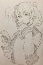 Rule 34 | 1girl, bags under eyes, blazer, cevio, cropped torso, disgust, double bun, flipped hair, furrowed brow, graphite (medium), greyscale, hair bun, hair ornament, hairclip, half-closed eyes, hand up, highres, holding, holding phone, jacket, koharu rikka, long sleeves, looking at viewer, monochrome, open clothes, open jacket, phone, school uniform, short hair, simple background, solo, speech bubble, sweater, synthesizer v, toriniku29, traditional media, translation request, upper body